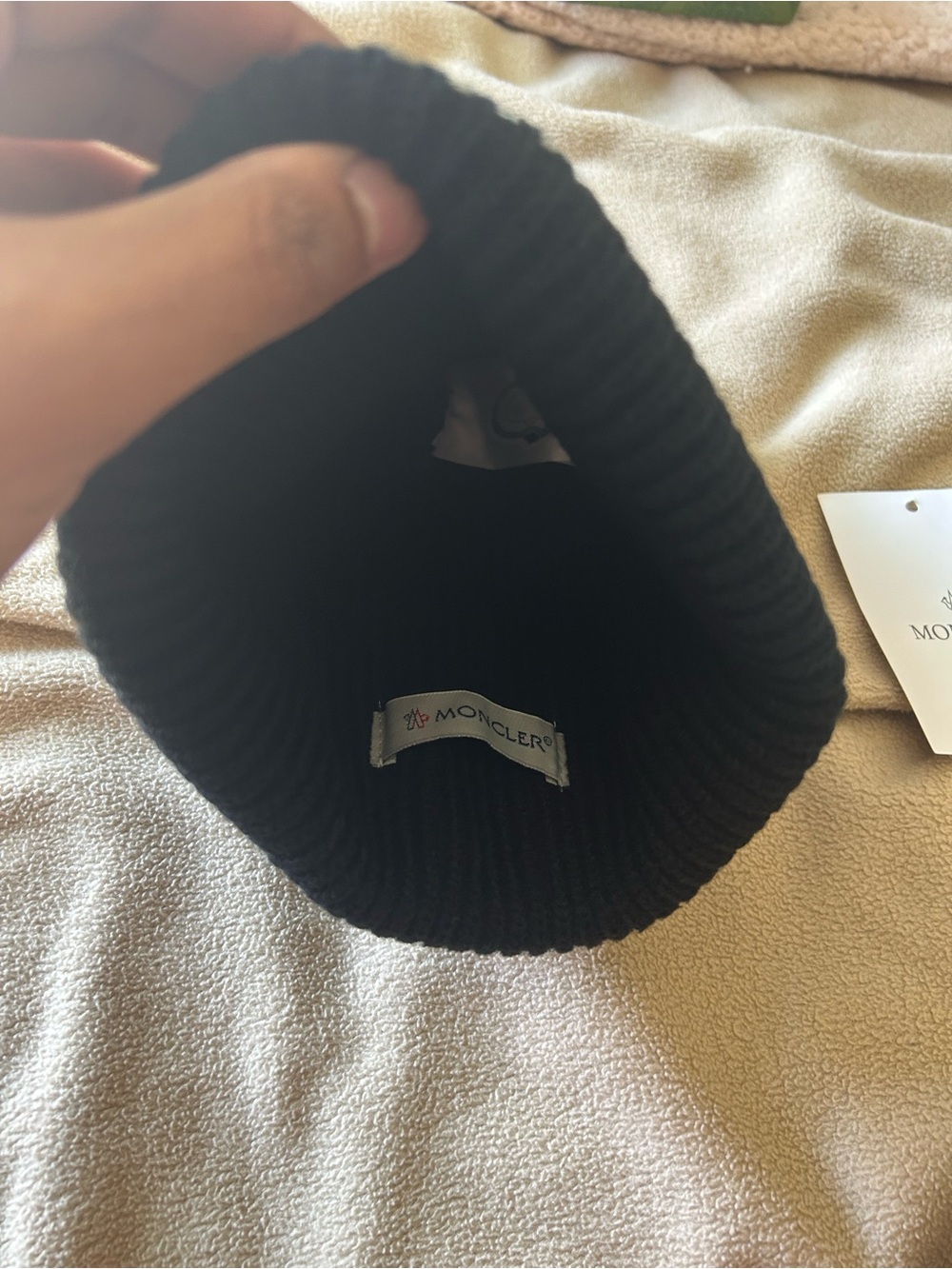 Moncler Black Ribbed Knit Beanie with Logo Patch - Picture 2 of 5